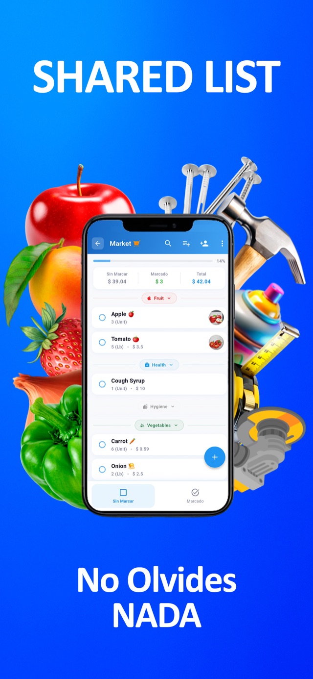 Pantalla de la app mostrando una lista de compras con fotos, precios y el total del gasto en vivo