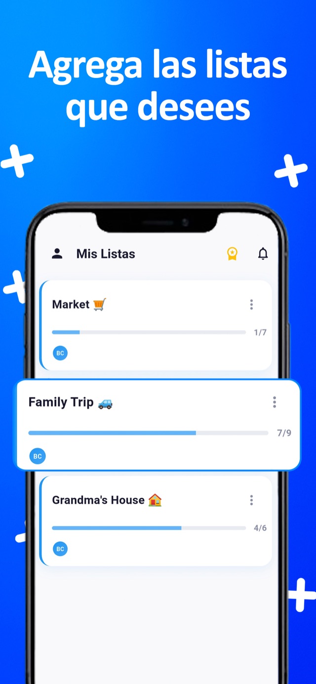 Pantalla con todas las listas: súper, viaje familiar y casa