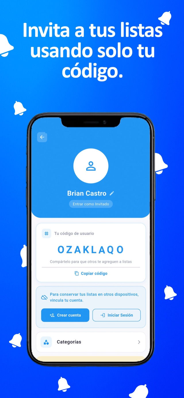 Pantalla de perfil con el código de usuario para compartir listas